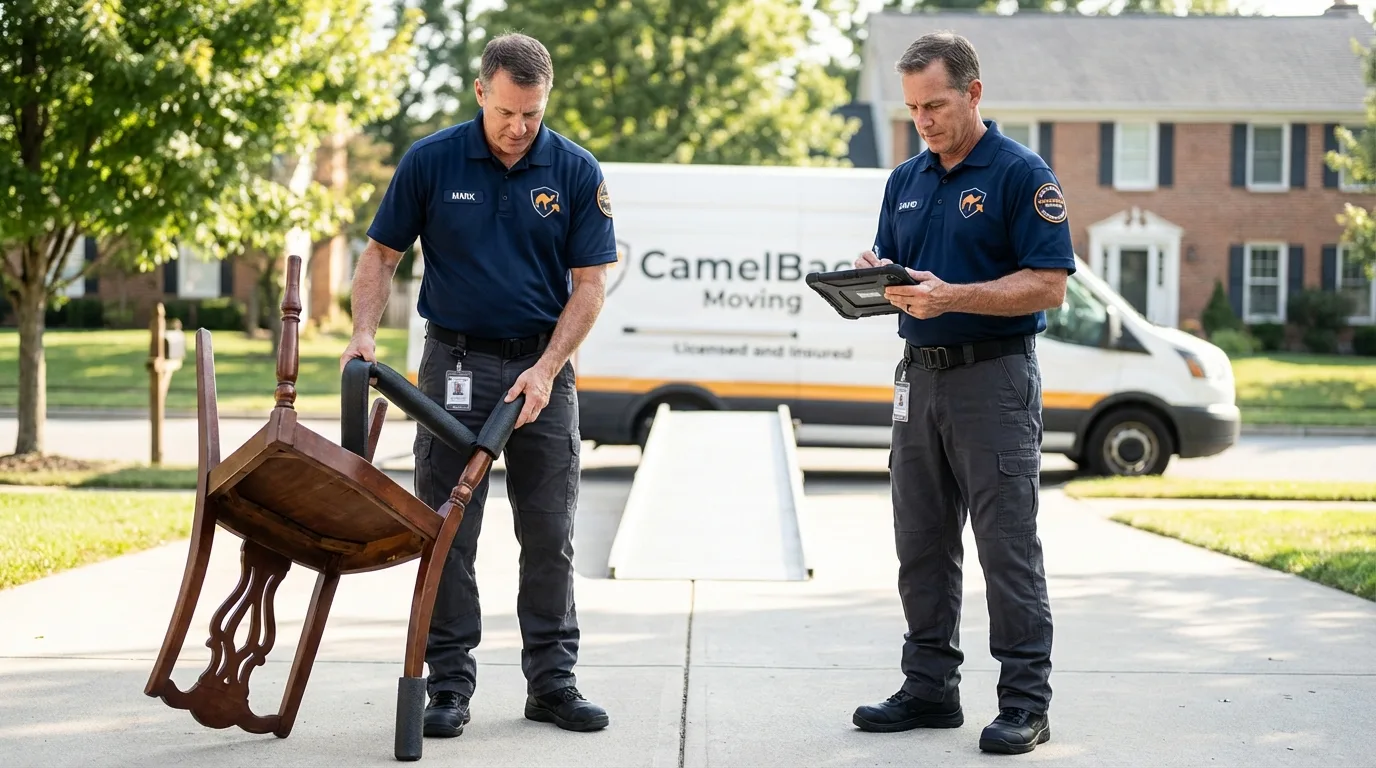 Movers inspecting furniture for damage prevention before loading in Pablo, MT