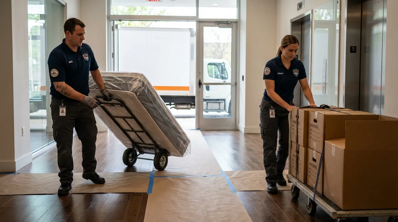 Professional apartment movers loading elevator in Pablo, MT