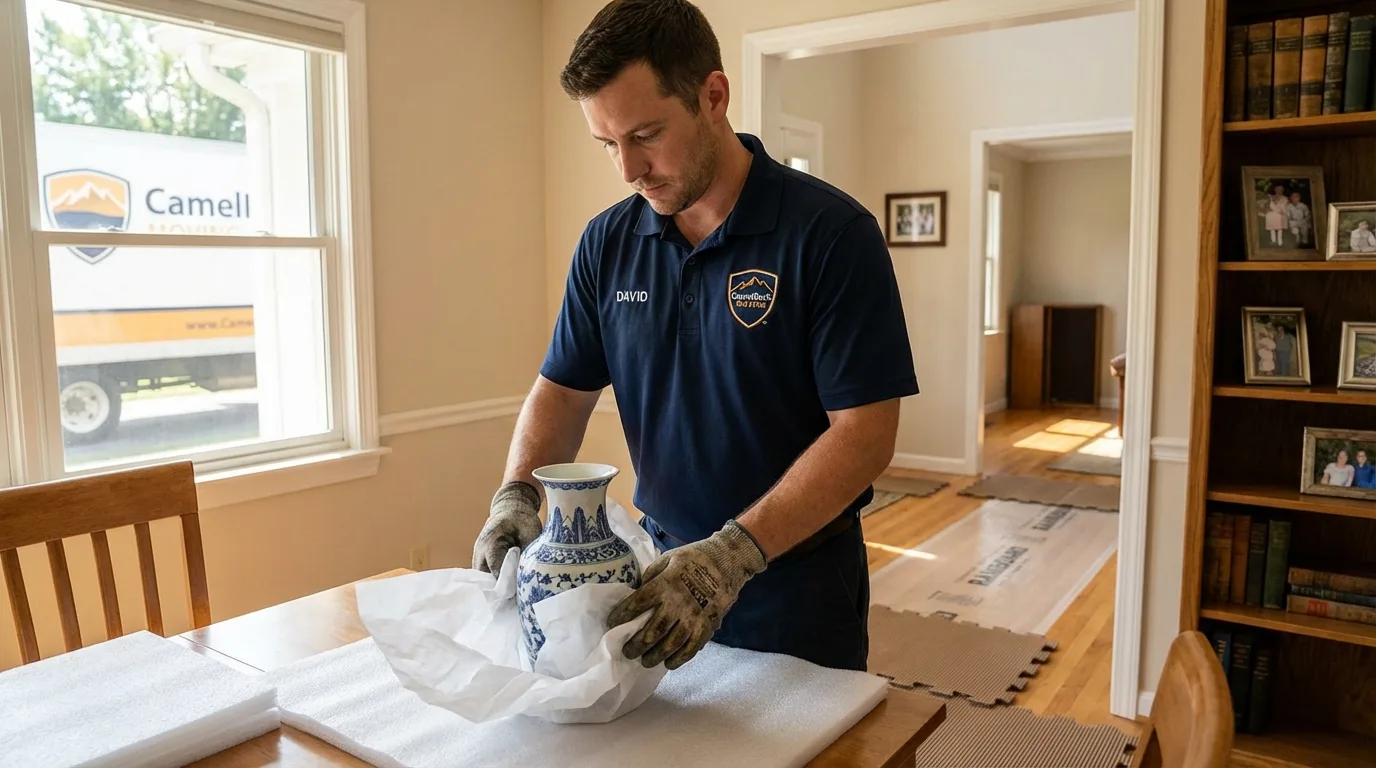 Professional crew carefully wrapping antique vase for senior downsizing move in Pablo, MT